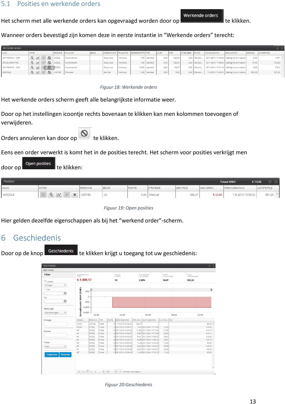 Door op het instellingen icoontje rechts bovenaan te klikken kan men kolommen toevoegen of verwijderen. Orders annuleren kan door op te klikken.