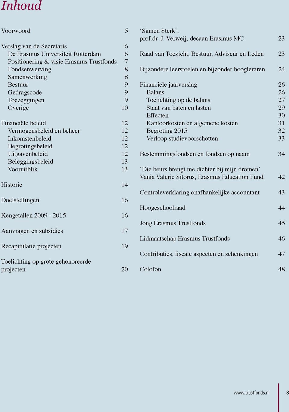 2009-2015 16 Aanvragen en subsidies 17 Recapitulatie projecten 19 Toelichting op grote gehonoreerde projecten 20 Samen Sterk, prof.dr. J.