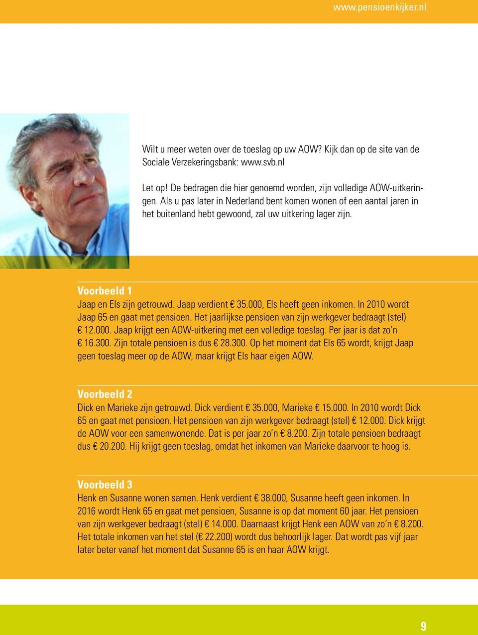 Voorbeeld 1 Jaap en Els zijn getrouwd. Jaap verdient 35.000, Els heeft geen inkomen. In 2010 wordt Jaap 65 en gaat met pensioen. Het jaarlijkse pensioen van zijn werkgever bedraagt (stel) 12.000. Jaap krijgt een AOW-uitkering met een volledige toeslag.