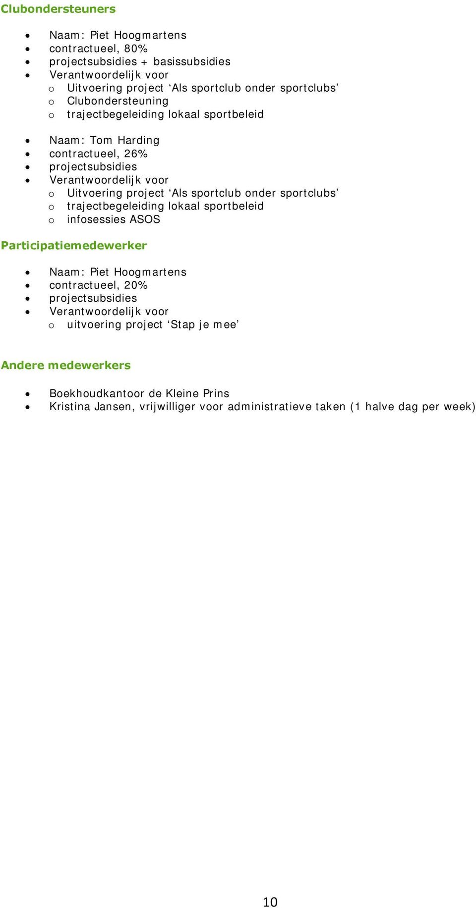 onder sportclubs o trajectbegeleiding lokaal sportbeleid o infosessies ASOS Participatiemedewerker Naam: Piet Hoogmartens contractueel, 20% projectsubsidies