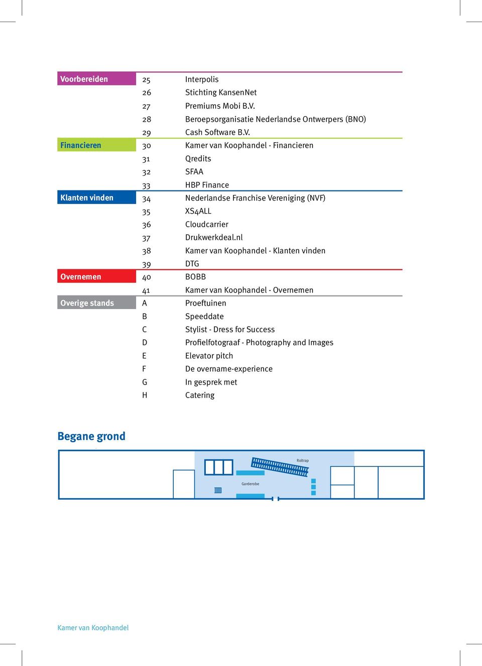 - Photography and Images E Elevator pitch F De overname-experience G In gesprek met H Catering Begane grond Lobby Roltrap Garderobe Zaal 3 B C D 11 m 12 13 H Zaal 2 Kamer van Koophandel 21 19 20