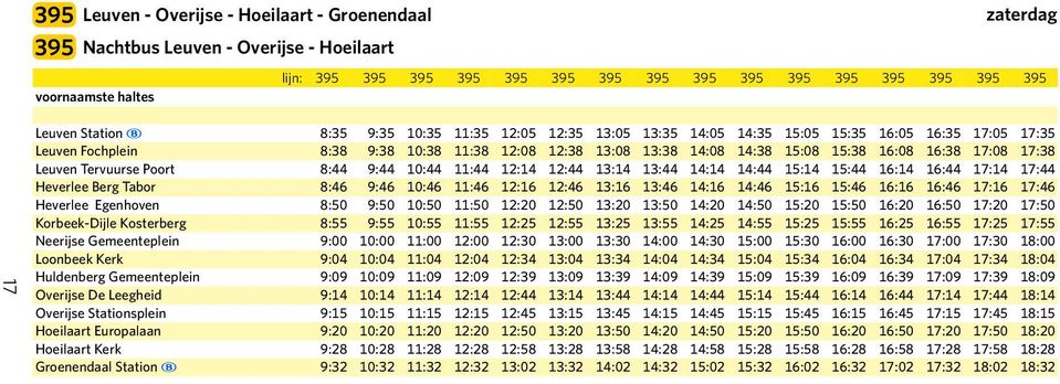 Leuven Tervuurse Poort 8:44 9:44 10:44 11:44 12:14 12:44 13:14 13:44 14:14 14:44 15:14 15:44 16:14 16:44 17:14 17:44 Heverlee Berg Tabor 8:46 9:46 10:46 11:46 12:16 12:46 13:16 13:46 14:16 14:46