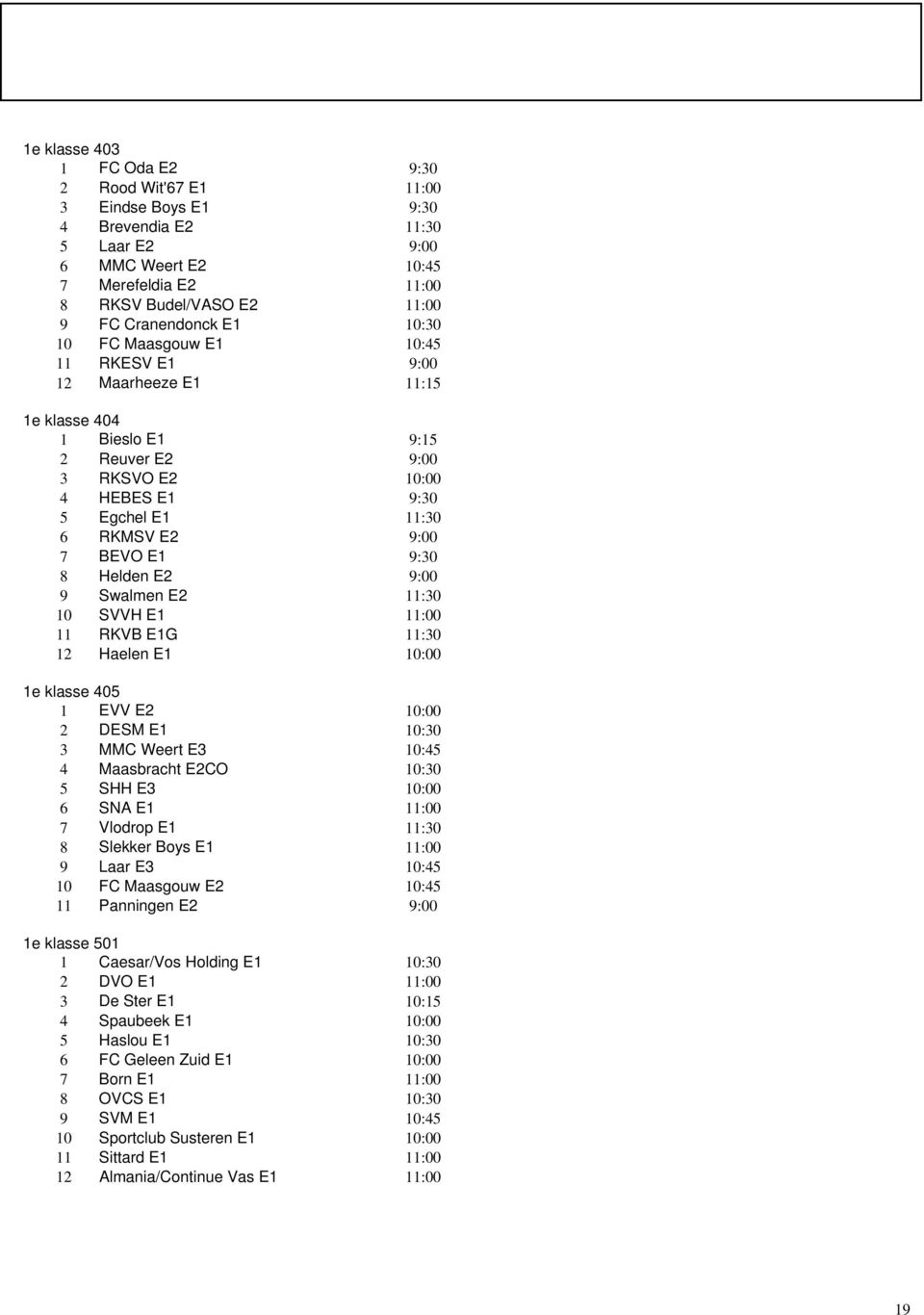 1e klasse 405 1 EVV E2 2 DESM E1 3 MMC Weert E3 4 Maasbracht E2CO 5 SHH E3 6 SNA E1 7 Vlodrop E1 8 Slekker Boys E1 9 Laar E3 10 FC Maasgouw E2 11 Panningen E2 1e klasse 501 1