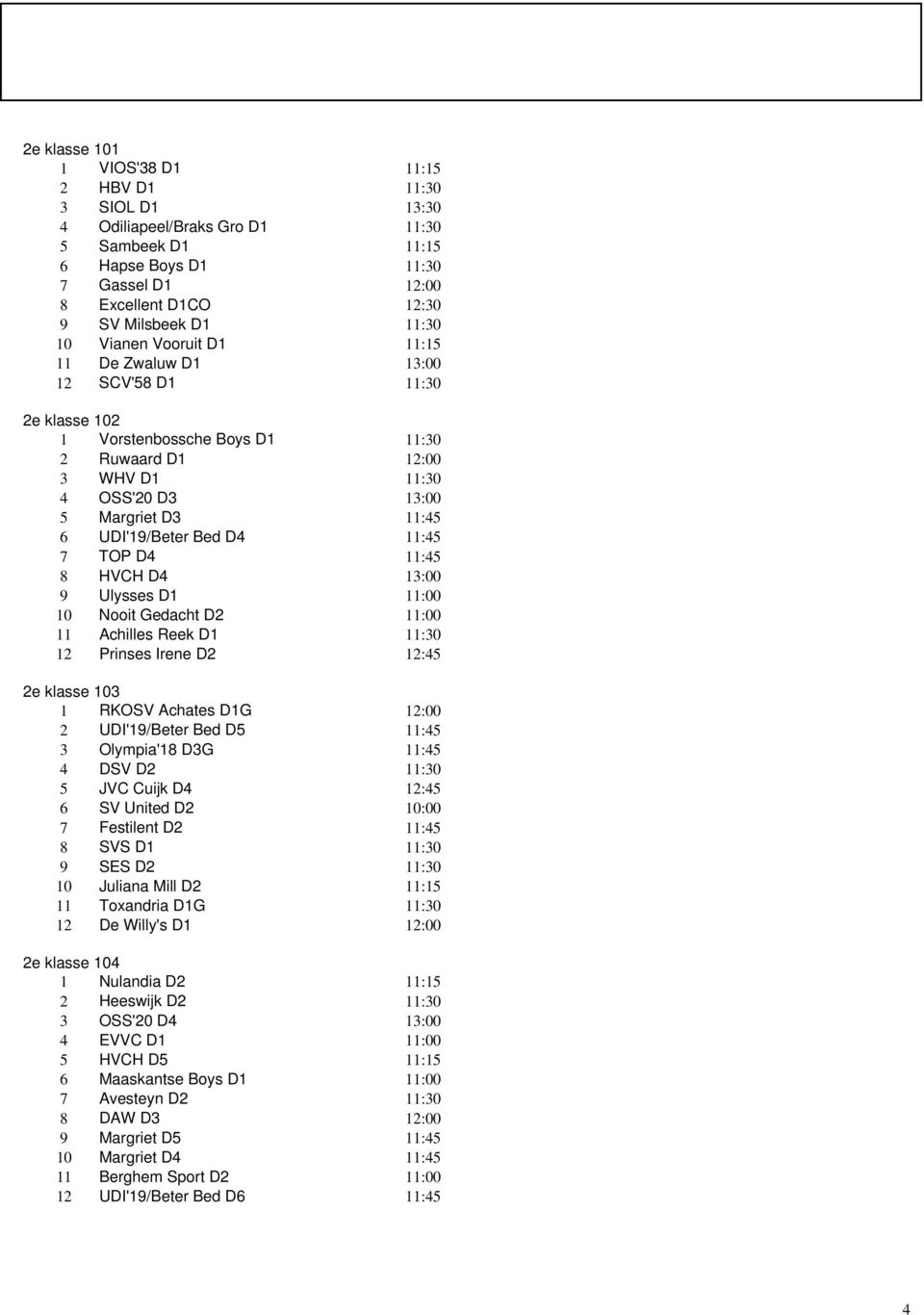 Irene D2 12:45 2e klasse 103 1 RKOSV Achates D1G 2 UDI'19/Beter Bed D5 3 Olympia'18 D3G 4 DSV D2 5 JVC Cuijk D4 12:45 6 SV United D2 7 Festilent D2 8 SVS D1 9 SES D2 10 Juliana Mill D2 11 Toxandria