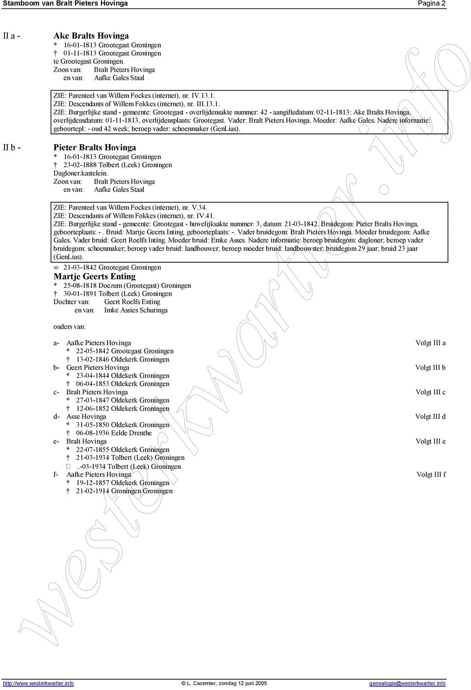 .1. ZIE: Descendants of Willem Fokkes (internet), nr. III.13.1. ZIE: Burgerlijke stand - gemeente: Grootegast - overlijdensakte nummer: 42 - aangiftedatum: 02-11-1813: Ake Bralts Hovinga, overlijdensdatum: 01-11-1813, overlijdensplaats: Grootegast.