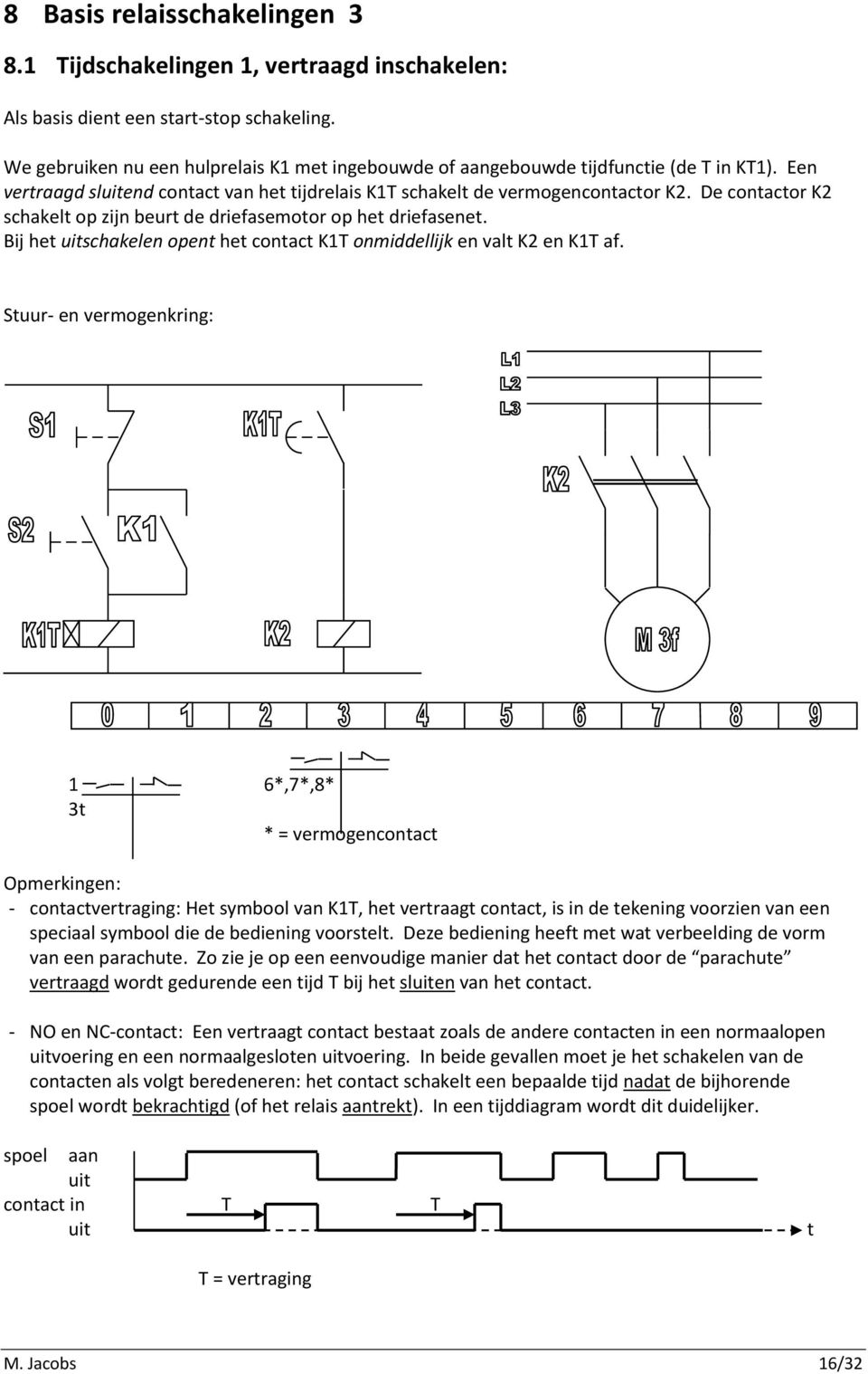 De contactor K2 schakelt op zijn beurt de driefasemotor op het driefasenet. Bij het uitschakelen opent het contact K1T onmiddellijk en valt K2 en K1T af.