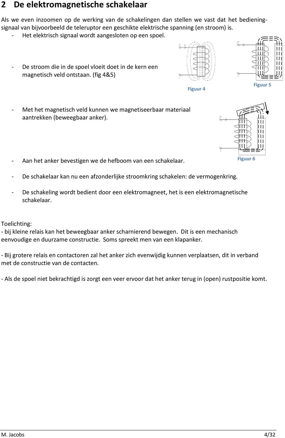 (fig 4&5) Figuur 4 Figuur 5 - Met het magnetisch veld kunnen we magnetiseerbaar materiaal aantrekken (beweegbaar anker). - Aan het anker bevestigen we de hefboom van een schakelaar.