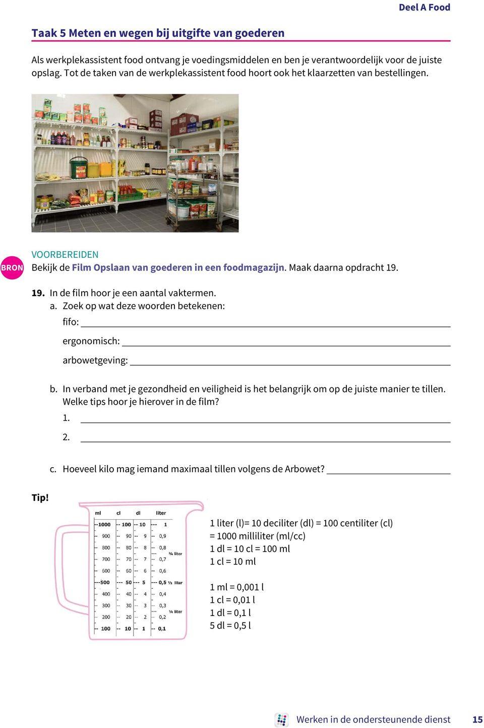 19. In de film hoor je een aantal vaktermen. a. Zoek op wat deze woorden betekenen: fifo: ergonomisch: arbowetgeving: b.