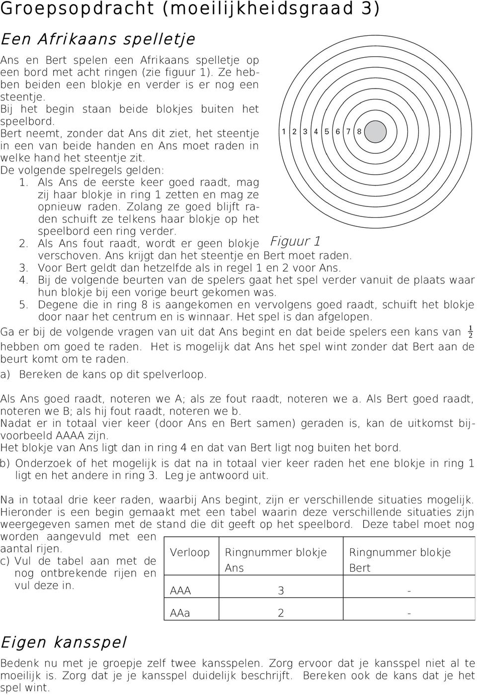 Bert neemt, zonder dat Ans dit ziet, het steentje in een van beide handen en Ans moet raden in welke hand het steentje zit. De volgende spelregels gelden: 1.