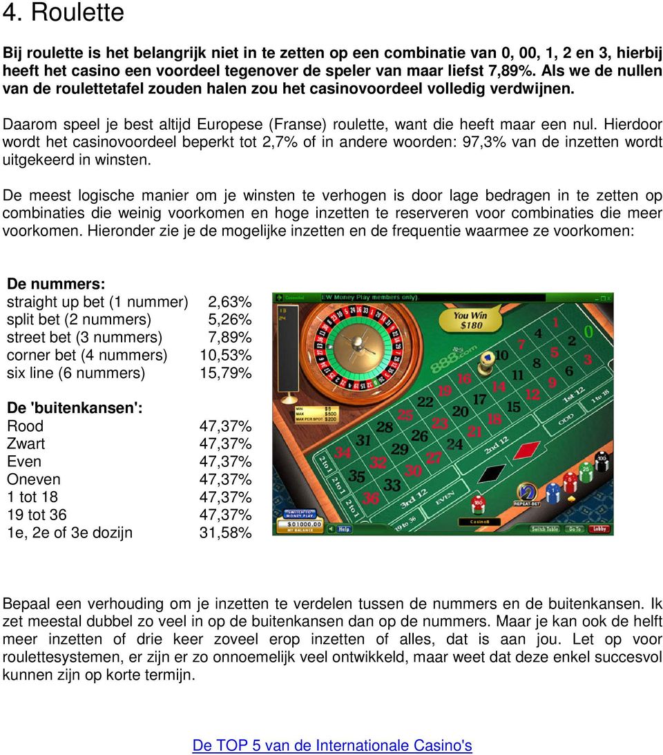 Hierdoor wordt het casinovoordeel beperkt tot 2,7% of in andere woorden: 97,3% van de inzetten wordt uitgekeerd in winsten.