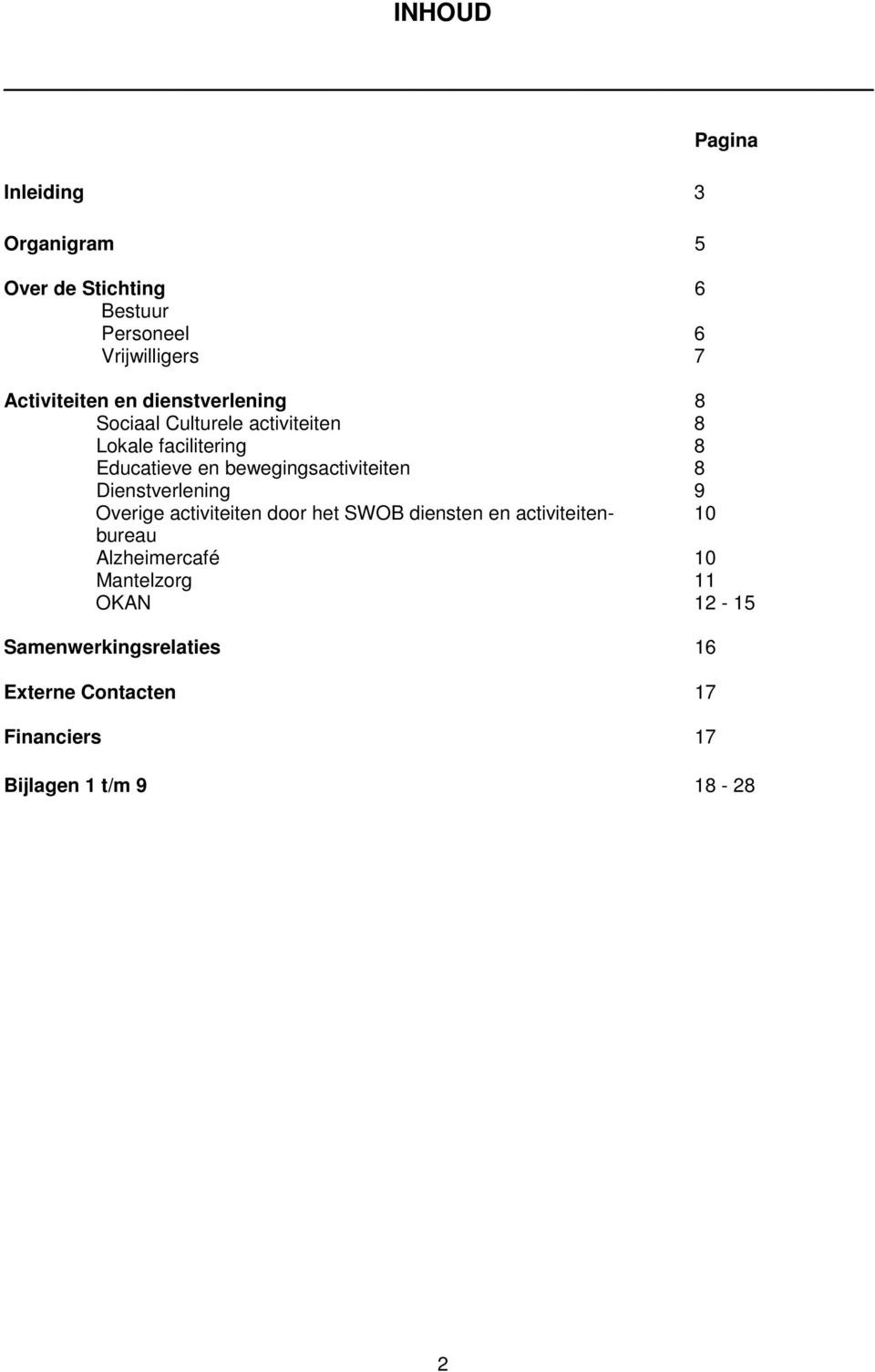 bewegingsactiviteiten 8 Dienstverlening 9 Overige activiteiten door het SWOB diensten en activiteiten- 10