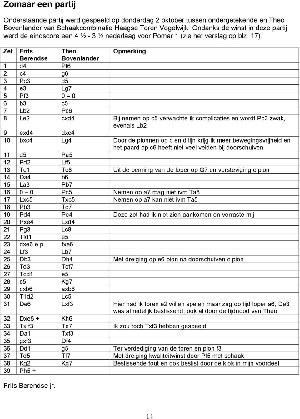 Zet Frits Theo Opmerking Berendse Bovenlander 1 d4 Pf6 2 c4 g6 3 Pc3 d5 4 e3 Lg7 5 Pf3 0 0 6 b3 c5 7 Lb2 Pc6 8 Le2 cxd4 Bij nemen op c5 verwachte ik complicaties en wordt Pc3 zwak, evenals Lb2 9 exd4