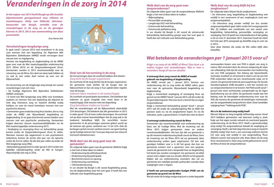 Door Marian Kok Verschuivingen langdurige zorg Er gaat vanaf 1 januari 2015 veel veranderen in de zorg voor mensen met een beperking.