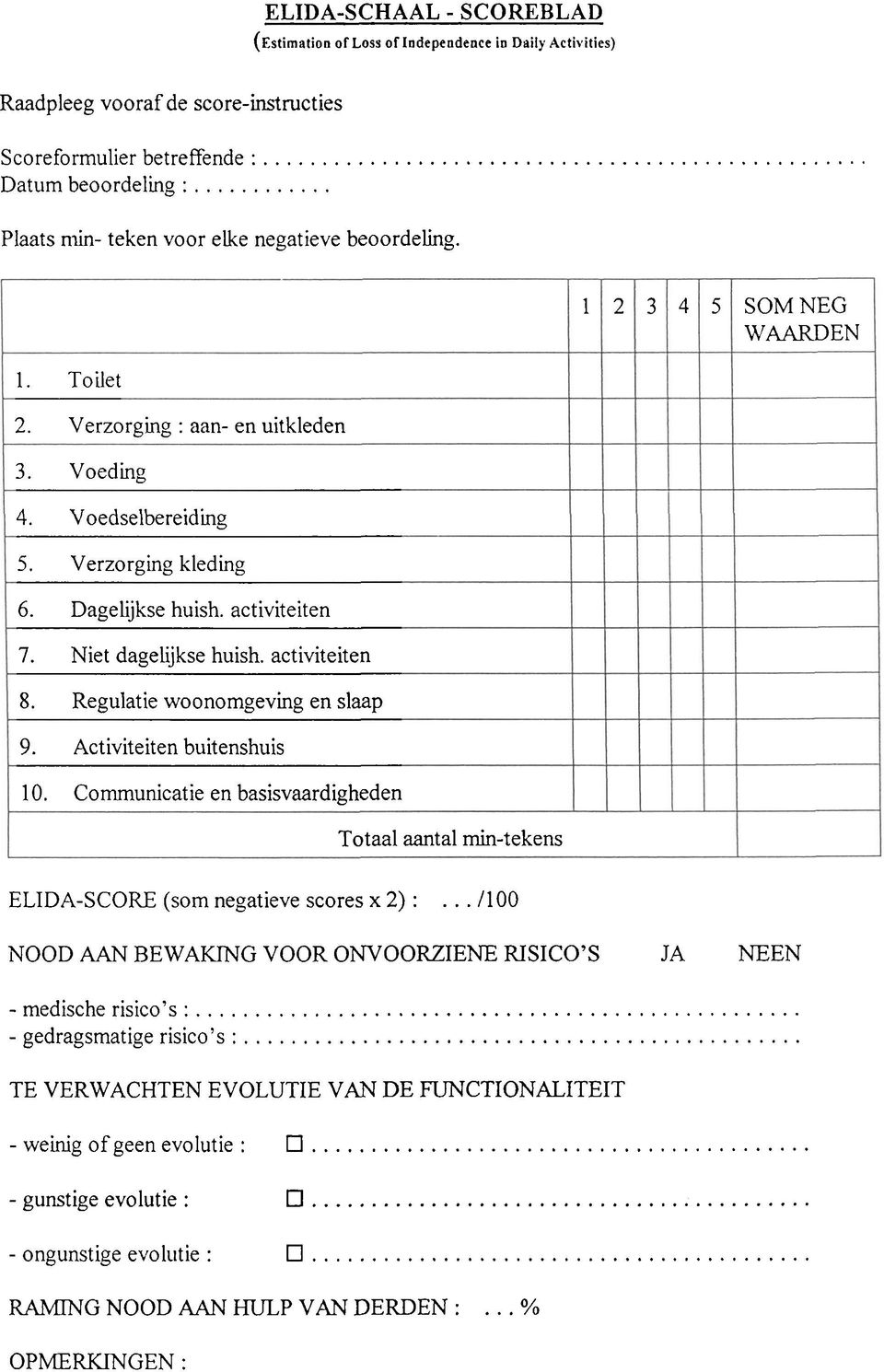 activiteiten 7. Niet dagelijkse huish. activiteiten 8. Regulatie woonomgeving en slaap 9. Activiteiten buitenshuis 10.