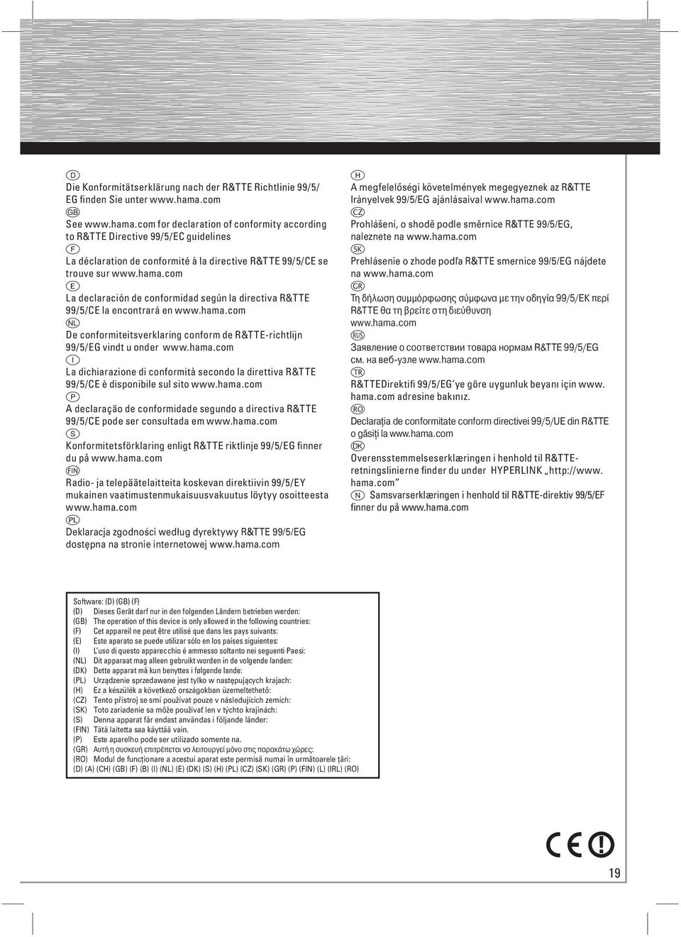 hama.com o De conformiteitsverklaring conform de R&TTE-richtlijn 99/5/EG vindt u onder www.hama.com i La dichiarazione di conformità secondo la direttiva R&TTE 99/5/CE è disponibile sul sito www.hama.com p A declaração de conformidade segundo a directiva R&TTE 99/5/CE pode ser consultada em www.