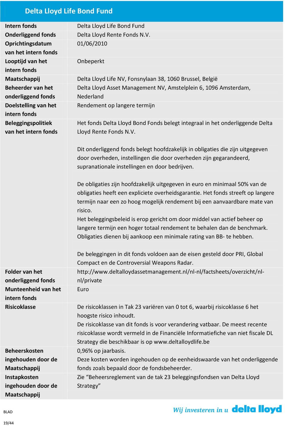 01/06/2010 Onbeperkt Delta Lloyd Life NV, Fonsnylaan 38, 1060 Brussel, België Delta Lloyd Asset Management NV, Amstelplein 6, 1096 Amsterdam, Nederland Rendement op langere termijn Het fonds Delta