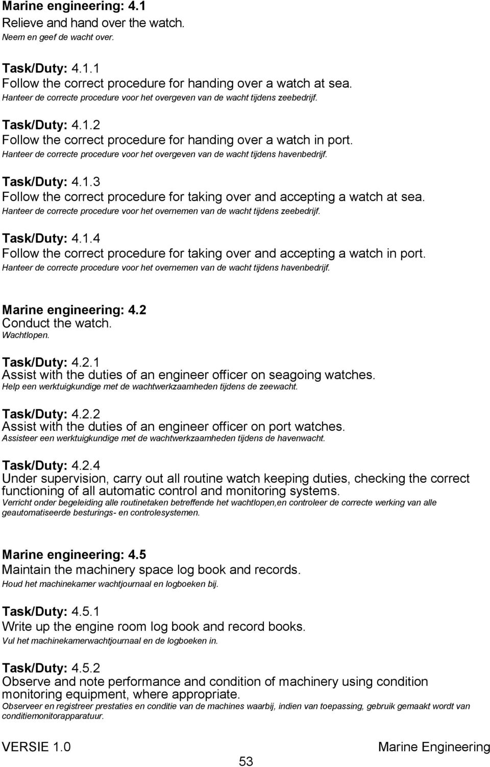 Hanteer de correcte procedure voor het overgeven van de wacht tijdens havenbedrijf. Task/Duty: 4.1.3 Follow the correct procedure for taking over and accepting a watch at sea.