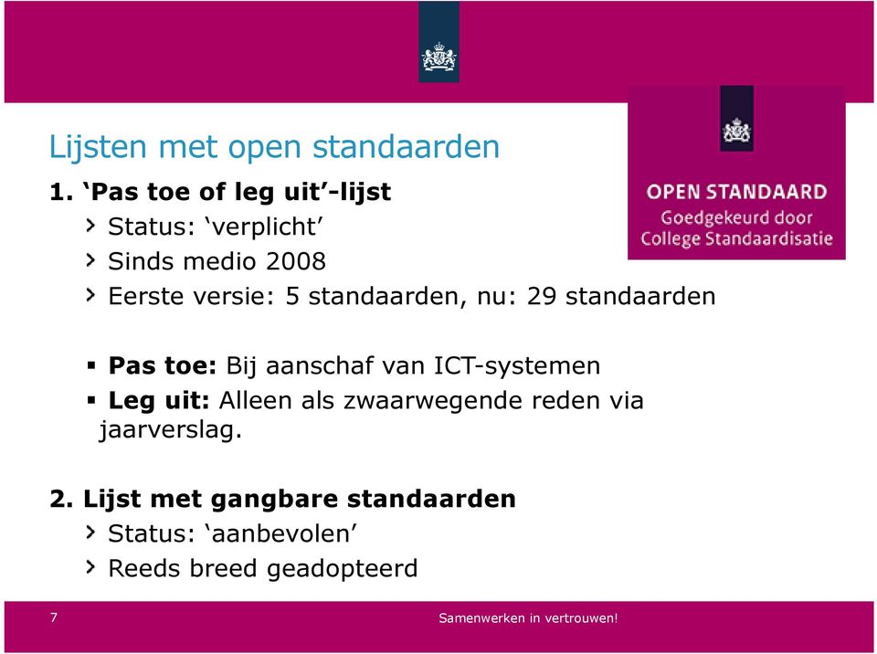 standaarden, nu: 29 standaarden Pas toe: Bij aanschaf van ICT-systemen Leg