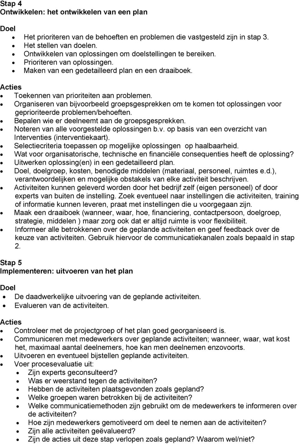 Organiseren van bijvrbeeld grepsgesprekken m te kmen tt plssingen vr gepririteerde prblemen/beheften. Bepalen wie er deelneemt aan de grepsgesprekken. Nteren van alle vrgestelde plssingen b.v. p basis van een verzicht van Interventies (interventiekaart).