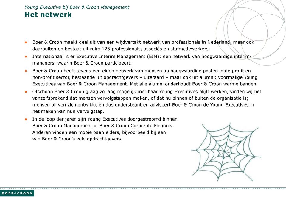 Boer & Croon heeft tevens een eigen netwerk van mensen op hoogwaardige posten in de profit en non-profit sector, bestaande uit opdrachtgevers uiteraard maar ook uit alumni: voormalige Young