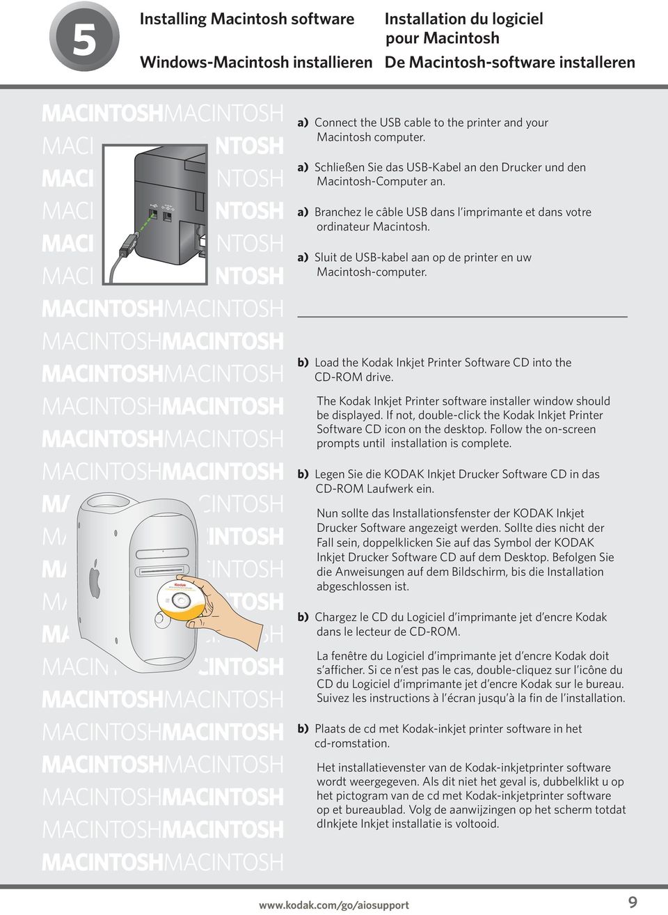 a) Load the Kodak Inkjet Printer Software CD into the CD-ROM a) Sluit drive. de Follow USB-kabel the on-screen aan op de prompts printer en when uw the instructions Macintosh-computer. appear.