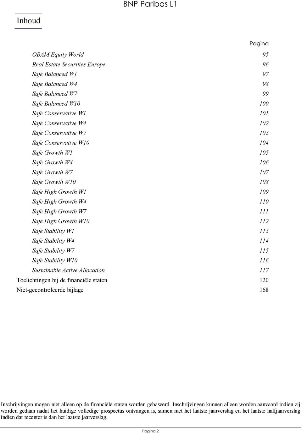 Safe High Growth W10 112 Safe Stability W1 113 Safe Stability W4 114 Safe Stability W7 115 Safe Stability W10 116 Sustainable Active Allocation 117 Toelichtingen bij de financiële staten 120