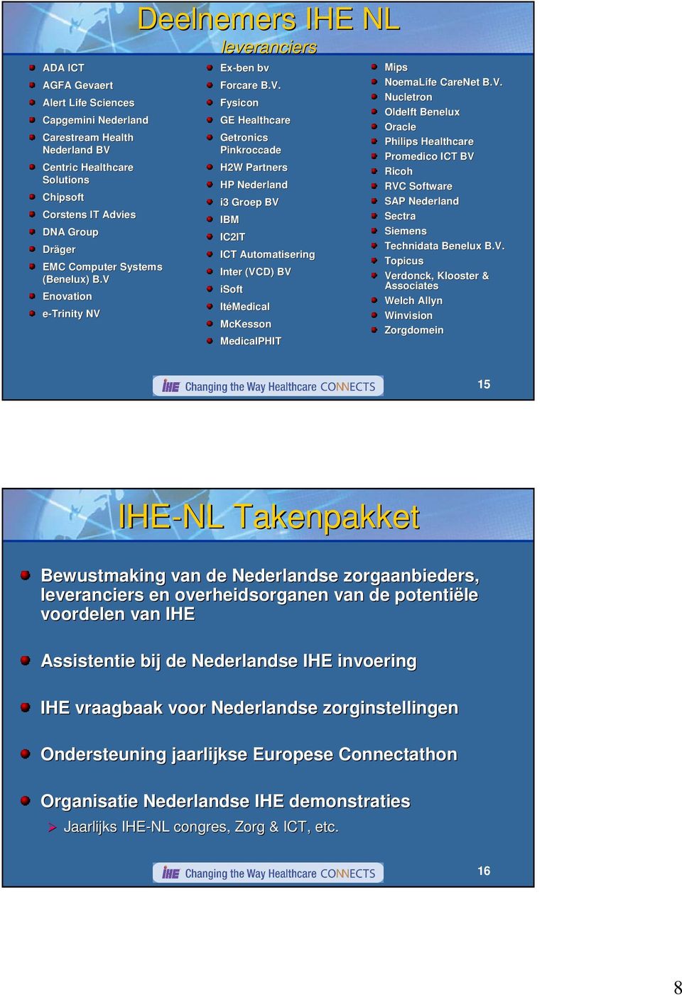 V. Nucletron Oldelft Benelux Oracle Philips Healthcare Promedico ICT BV Ricoh RVC Software SAP Nederland Sectra Siemens Technidata Benelux B.V. Topicus Verdonck, Klooster & Associates Welch Allyn