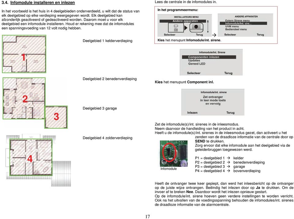 Houd er rekening mee dat de infomodules een spanningsvoeding van 12 volt nodig hebben. Deelgebied 1 kelderverdieping Lees de centrale in de infomodules in.