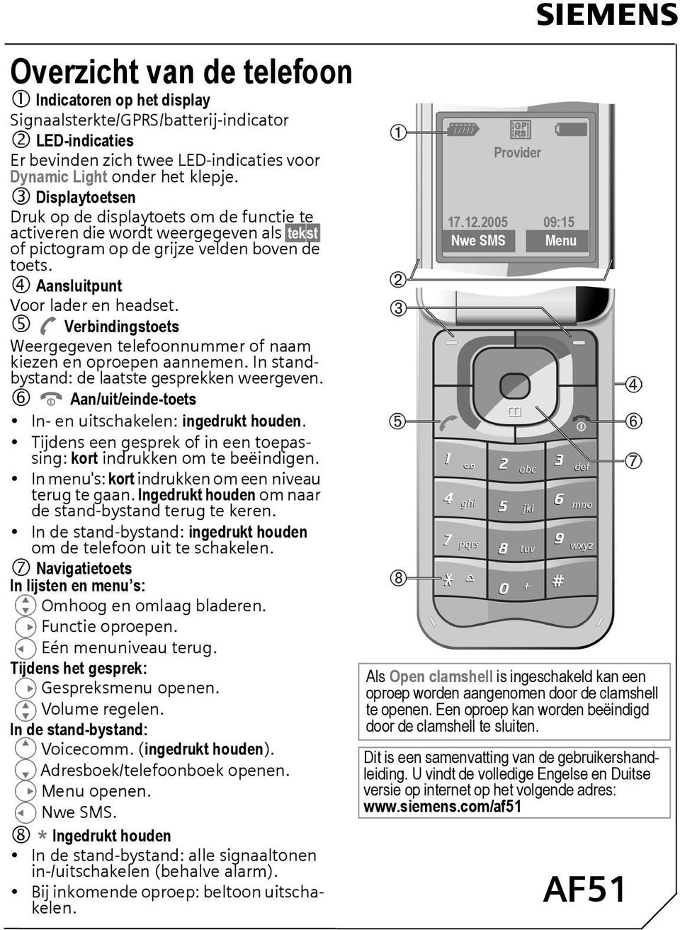 5 A Verbindingstoets Weergegeven telefoonnummer of naam kiezen en oproepen aannemen. In standbystand: de laatste gesprekken weergeven. 6 B Aan/uit/einde-toets In- en uitschakelen: ingedrukt houden.