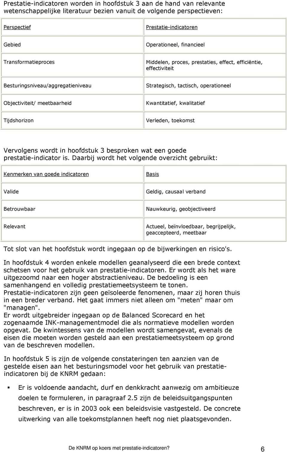 Kwantitatief, kwalitatief Tijdshorizon Verleden, toekomst Vervolgens wordt in hoofdstuk 3 besproken wat een goede prestatie-indicator is.