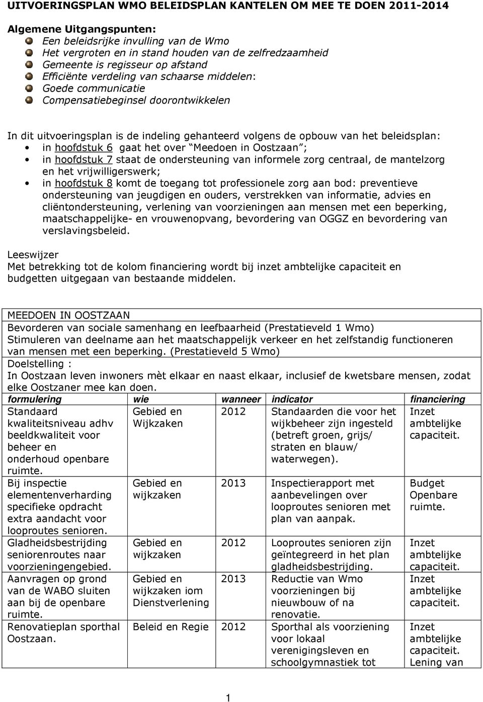 beleidsplan: in hoofdstuk 6 gaat het over Meedoen in Oostzaan ; in hoofdstuk 7 staat de ondersteuning van informele zorg centraal, de mantelzorg en het vrijwilligerswerk; in hoofdstuk 8 komt de