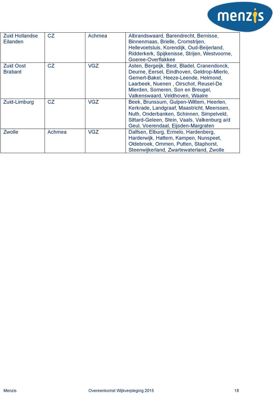 Reusel-De Mierden, Someren, Son en Breugel, Valkenswaard, Veldhoven, Waalre Zuid-Limburg CZ VGZ Beek, Brunssum, Gulpen-Wittem, Heerlen, Kerkrade, Landgraaf, Maastricht, Meerssen, Nuth, Onderbanken,