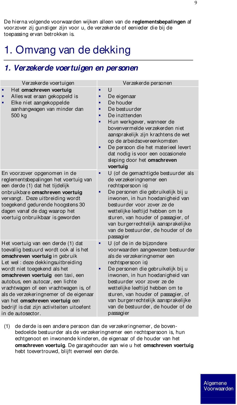 Verzekerde voertuigen en personen Verzekerde voertuigen Het omschreven voertuig Alles wat eraan gekoppeld is Elke niet aangekoppelde aanhangwagen van minder dan 500 kg En voorzover opgenomen in de