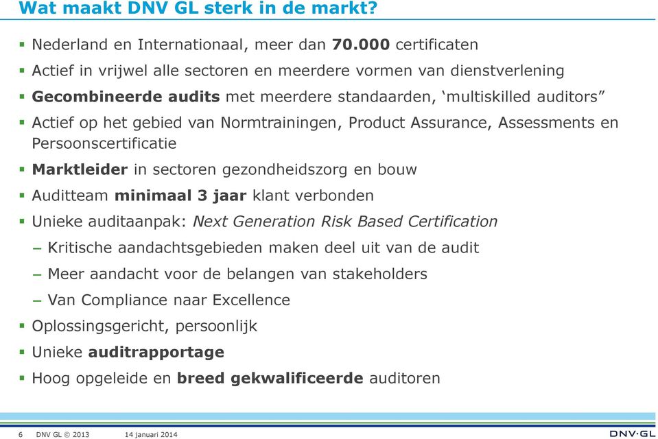 van Normtrainingen, Product Assurance, Assessments en Persoonscertificatie Marktleider in sectoren gezondheidszorg en bouw Auditteam minimaal 3 jaar klant verbonden Unieke