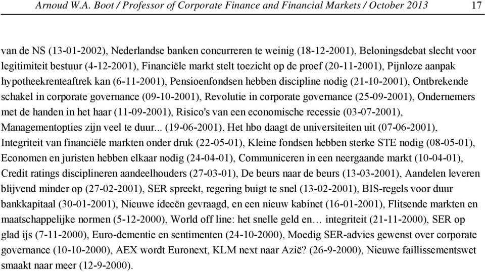 Ontbrekende schakel in corporate governance (09-10-2001), Revolutie in corporate governance (25-09-2001), Ondernemers met de handen in het haar (11-09-2001), Risico's van een economische recessie