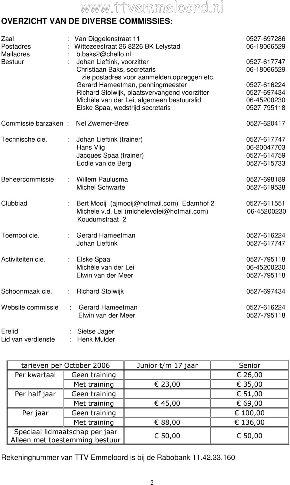 Gerard Hameetman, penningmeester 0527-616224 Richard Stolwijk, plaatsvervangend voorzitter 0527-697434 Michèle van der Lei, algemeen bestuurslid 06-45200230 Elske Spaa, wedstrijd secretaris