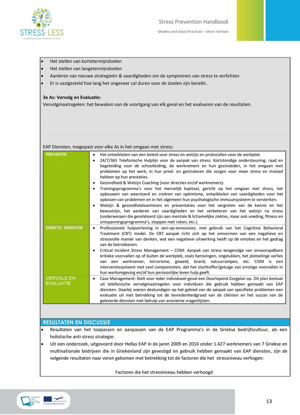 EAP Diensten, toegepast voor elke As in het omgaan met stress: PREVENTIE Het ontwikkelen van een beleid voor stress en welzijn en protocollen voor de werkplek.