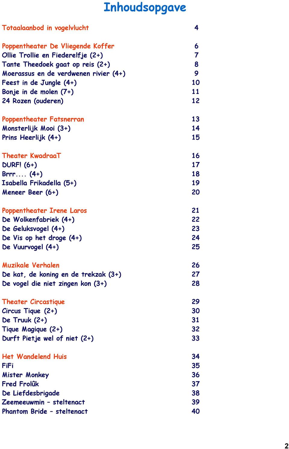 .. (4+) Isabella Frikadella (5+) Meneer Beer (6+) 16 17 18 19 20 Poppentheater Irene Laros De Wolkenfabriek (4+) De Geluksvogel (4+) De Vis op het droge (4+) De Vuurvogel (4+) 21 22 23 24 25 Muzikale