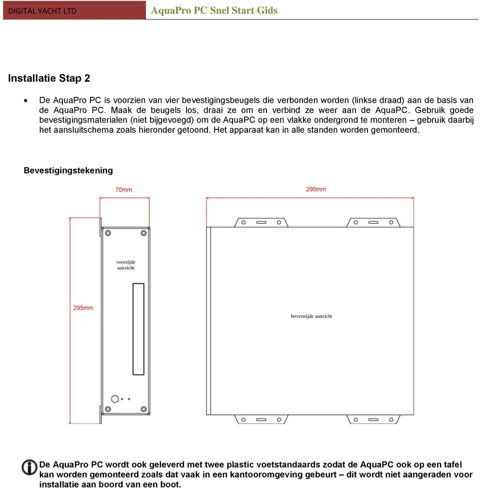 Gebruik goede bevestigingsmaterialen (niet bijgevoegd) om de AquaPC op een vlakke ondergrond te monteren gebruik daarbij het aansluitschema zoals hieronder getoond.