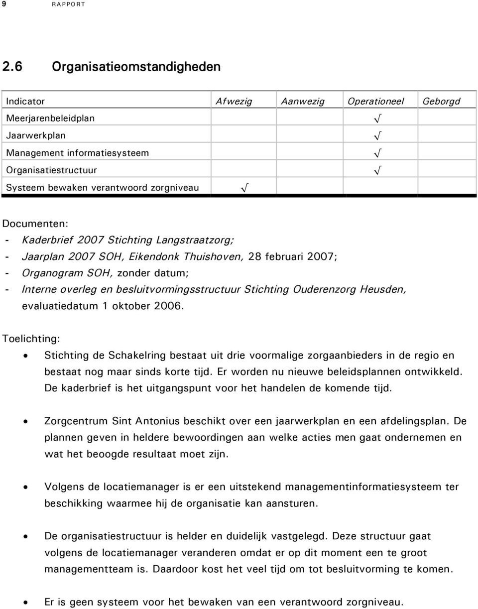 Documenten: - Kaderbrief 2007 Stichting Langstraatzorg; - Jaarplan 2007 SOH, Eikendonk Thuishoven, 28 februari 2007; - Organogram SOH, zonder datum; - Interne overleg en besluitvormingsstructuur