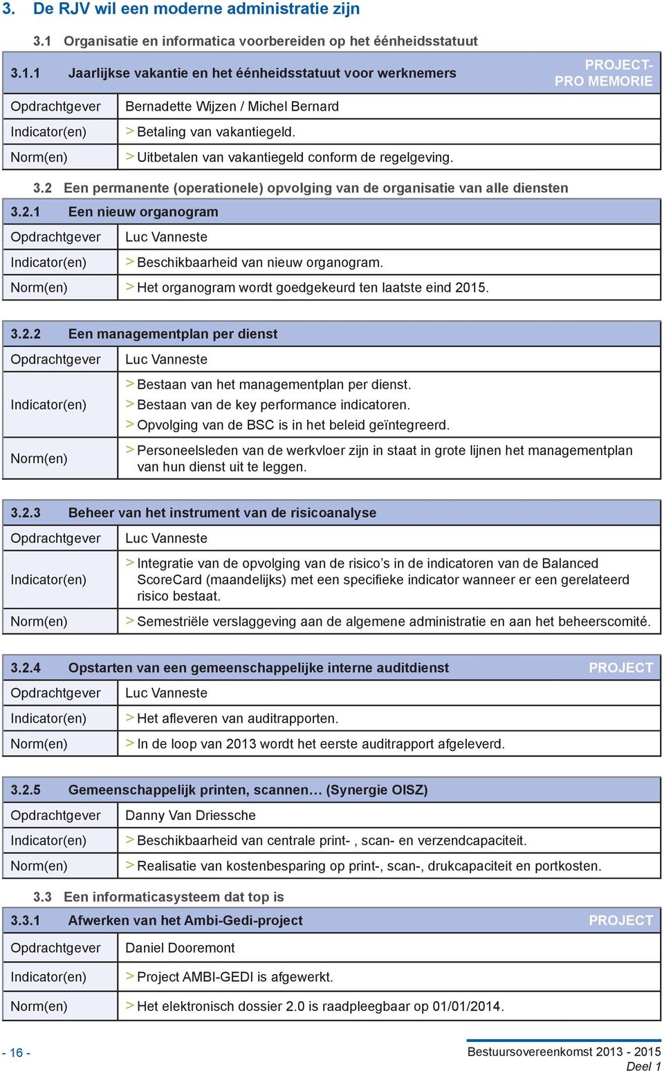 > > Het organogram wordt goedgekeurd ten laatste eind 2015. 3.2.2 Een managementplan per dienst Luc Vanneste > > Bestaan van het managementplan per dienst.