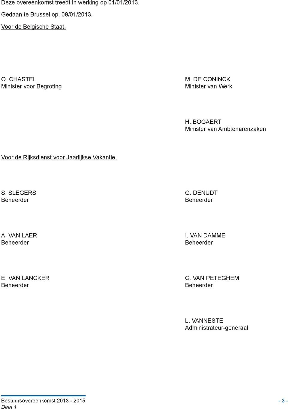 BOGAERT Minister van Ambtenarenzaken Voor de Rijksdienst voor Jaarlijkse Vakantie, S. SLEGERS G.