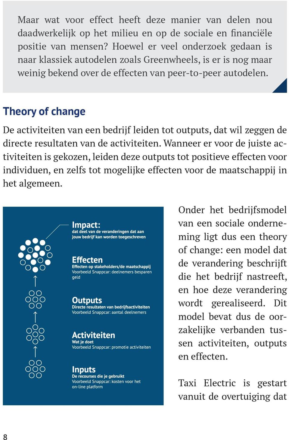 Theory of change De activiteiten van een bedrijf leiden tot outputs, dat wil zeggen de directe resultaten van de activiteiten.