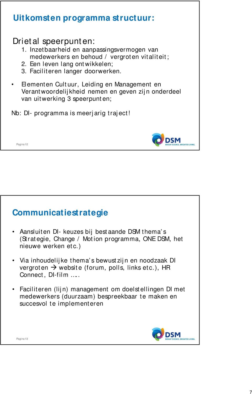 Pagina12 Communicatiestrategie Aansluiten DI- keuzes bij bestaande DSM thema s (Strategie, Change / Motion programma, ONE DSM, het nieuwe werken etc.