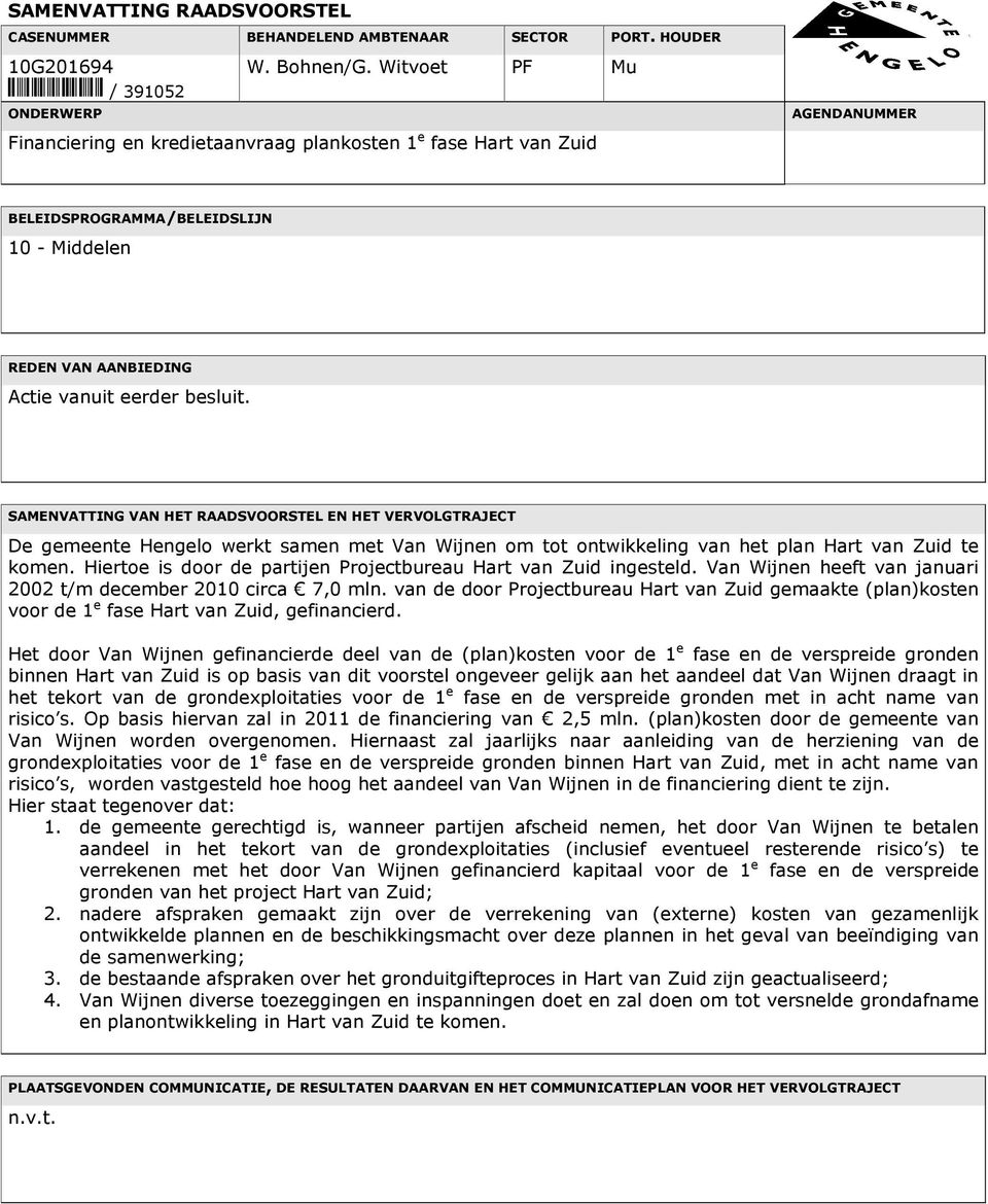 SAMENVATTING VAN HET RAADSVOORSTEL EN HET VERVOLGTRAJECT De gemeente Hengelo werkt samen met Van Wijnen om tot ontwikkeling van het plan Hart van Zuid te komen.