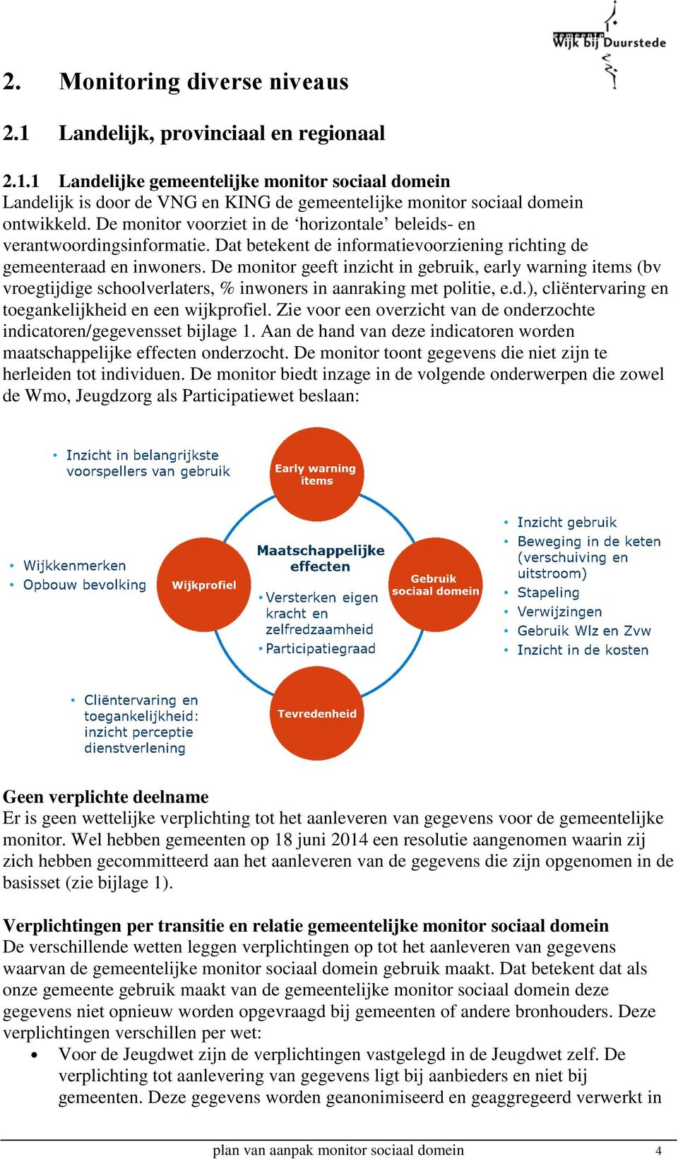 De monitor geeft inzicht in gebruik, early warning items (bv vroegtijdige schoolverlaters, % inwoners in aanraking met politie, e.d.), cliëntervaring en toegankelijkheid en een wijkprofiel.