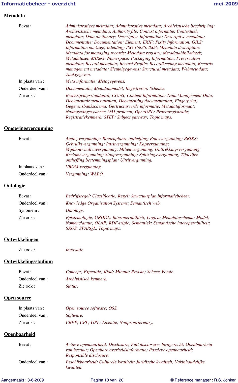 managing records; Metadata registry; Metadatabibliotheek; Metadataset; MIReG; Namespace; Packaging Information; Preservation metadata; Record metadata; Record Profile; Recordkeeping metadata; Records