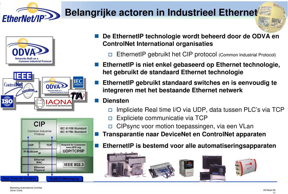 standaard switches en is eenvoudig te integreren met het bestaande Ethernet netwerk Diensten Impliciete Real time I/O via UDP, data tussen PLC s via TCP Expliciete