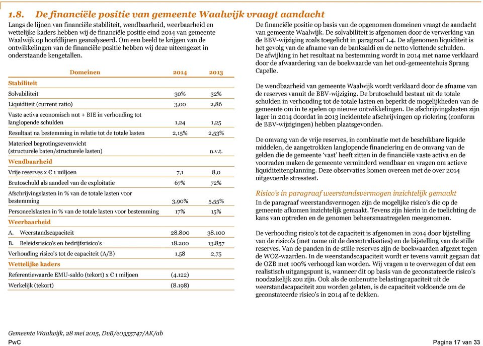 Domeinen 2014 2013 De financiële positie op basis van de opgenomen domeinen vraagt de aandacht van gemeente Waalwijk.