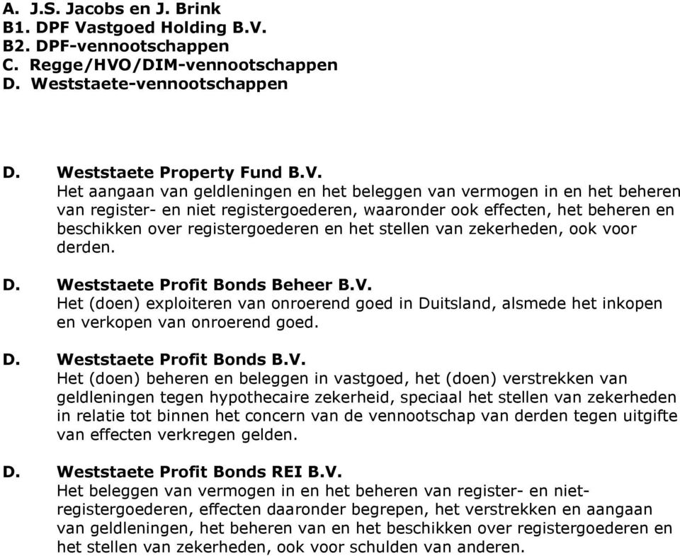 stellen van zekerheden, ook voor derden. D. Weststaete Profit Bonds Beheer B.V.